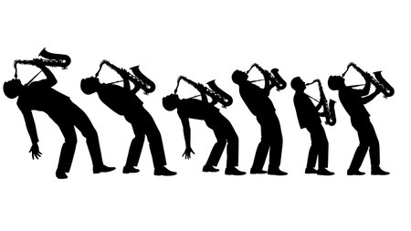 Black Solid Extreme Lean Saxophone Silhouettes Set of Six on White Background isolated on plain white background.のイラスト素材