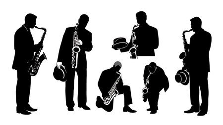 Black Solid Saxophone Holding Hat Silhouettes Set of Six on White Background isolated on plain white background.のイラスト素材