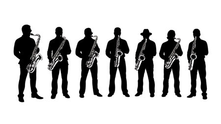 Black Solid Saxophone Hand in Pocket Silhouettes Set of Six on White Background isolated on plain white background.のイラスト素材