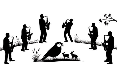 Black Solid Saxophone Playing to Nature Silhouettes Set of Six on White Background isolated on plain white background.のイラスト素材