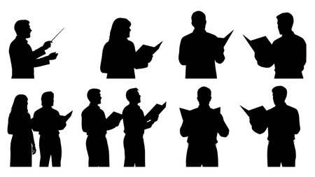 Black Solid Singer Conductor Baton Style Silhouettes Set of Six on White Background isolated on plain white background.のイラスト素材
