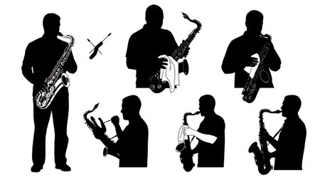 Black Solid Saxophone Cleaning Silhouettes Set of Six on White Background isolated on plain white background.のイラスト素材