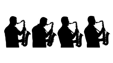 Black Solid Saxophone Looking Back Silhouettes Set of Six on White Background isolated on plain white background.のイラスト素材