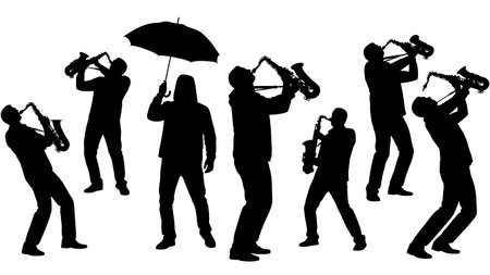 Black Solid Saxophone in Rain Silhouettes Set of Six on White Background isolated on plain white background.のイラスト素材