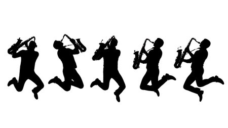 Black Solid Jumping Saxophone Player Silhouettes Set of Six on White Background isolated on plain white background.のイラスト素材