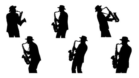Black Solid Saxophone Looking Back Silhouettes Set of Six on White Background isolated on plain white background.のイラスト素材