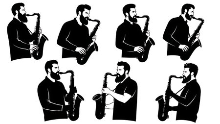 Black Solid Bearded Saxophone Player Silhouettes Set of Six on White Background isolated on plain white background.のイラスト素材