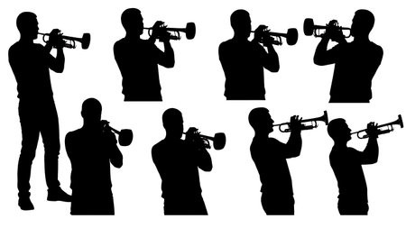 Black Solid Seated Jazz Guitarist Silhouettes Set of Six on White Background isolated on plain white background.のイラスト素材