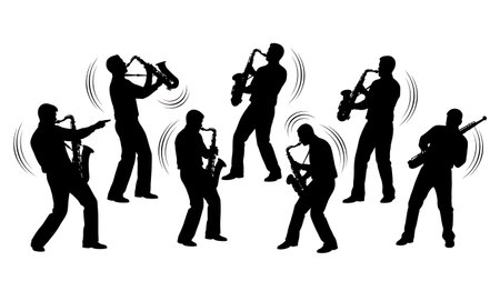 Black Solid Saxophone Twist Dance Silhouettes Set of Six on White Background isolated on plain white background.のイラスト素材