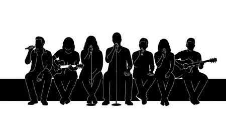 Black Solid Singer Sitting Stage Edge Silhouettes Set of Six on White Background isolated on plain white background.のイラスト素材