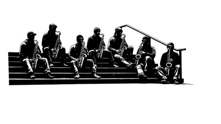 Black Solid Saxophone on Steps Silhouettes Set of Six on White Background isolated on plain white background.のイラスト素材