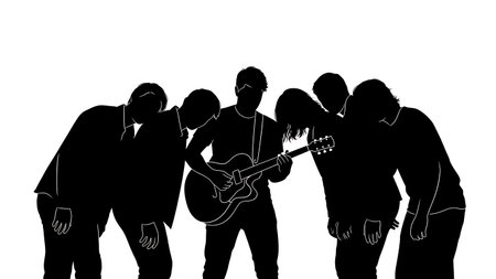 Black Solid Singer Guitarist Back to Back Silhouettes Set of Six on White Background isolated on plain white background.のイラスト素材