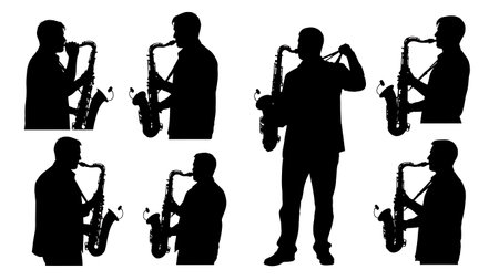 Black Solid Saxophone Tuning Silhouettes Set of Six on White Background isolated on plain white background.のイラスト素材