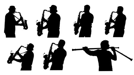 Black Solid Saxophone Tuning Silhouettes Set of Six on White Background isolated on plain white background.のイラスト素材