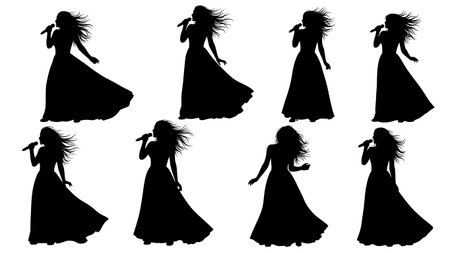 Black Solid Singer Flowing Dress Wind Silhouettes Set of Six on White Background isolated on plain white background.のイラスト素材
