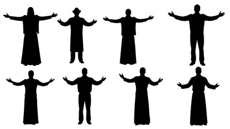 Black Solid Singer Arms Wide Open Silhouettes Set of Six on White Background isolated on plain white background.のイラスト素材