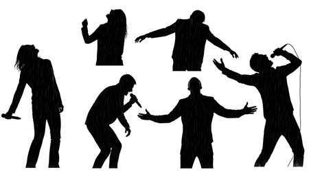 Black Solid Singer Posture Rain Silhouettes Set of Six on White Background isolated on plain white background.のイラスト素材