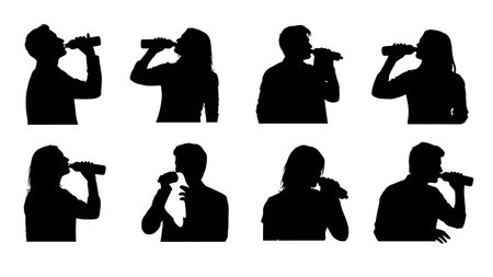 Black Solid Singer Drinking Water Silhouettes Set of Six on White Background isolated on plain white background.のイラスト素材