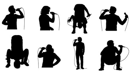 Black Solid Singer Mic Upside Down Silhouettes Set of Six on White Background isolated on plain white background.のイラスト素材