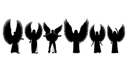 Black Solid Singer Feathered Wings Silhouettes Set of Six on White Background isolated on plain white background.のイラスト素材