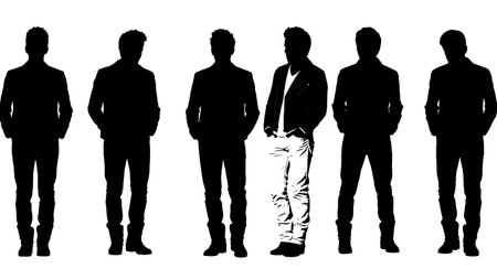 Black Solid Singer Hands Pockets Casual Silhouettes Set of Six on White Background isolated on plain white background.のイラスト素材