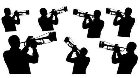 Black Solid Seated Jazz Guitarist Silhouettes Set of Six on White Background isolated on plain white background.のイラスト素材