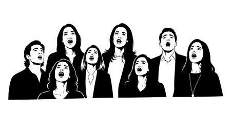 Black Solid Singer Looking Spotlight Silhouettes Set of Six on White Background isolated on plain white background.のイラスト素材