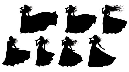 Black Solid Singer Flowing Dress Wind Silhouettes Set of Six on White Background isolated on plain white background.のイラスト素材