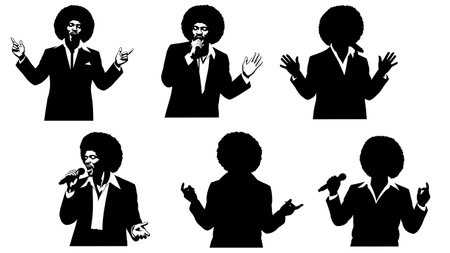 Black Solid Soul Singer Afro Style Silhouettes Set of Six on White Background isolated on plain white background.のイラスト素材
