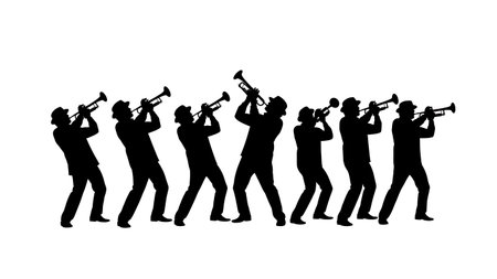 Black Solid Singer Playing Trumpet Silhouettes Set of Six on White Background isolated on plain white background.のイラスト素材