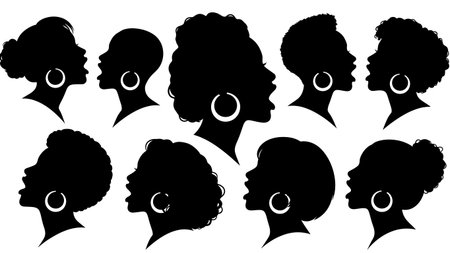Black Solid Singer Hoop Earrings Profile Silhouettes Set of Six on White Background isolated on plain white background.のイラスト素材