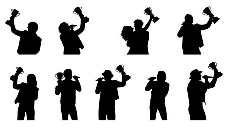 Black Solid Singer Holding Trophy Silhouettes Set of Six on White Background isolated on plain white background.のイラスト素材
