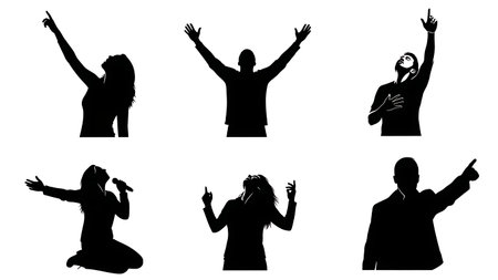 Black Solid Singer Pointing Sky Silhouettes Set of Six on White Background isolated on plain white background.のイラスト素材