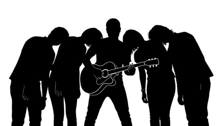 Black Solid Singer Guitarist Back to Back Silhouettes Set of Six on White Background isolated on plain white background.のイラスト素材