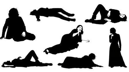 Black Solid Singer Lying Floor Drama Silhouettes Set of Six on White Background isolated on plain white background.のイラスト素材