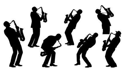 Black Solid Soul Saxophone Player Silhouettes Set of Six on White Background isolated on plain white background.のイラスト素材