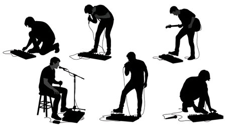 Black Solid Singer Loop Pedal Station Silhouettes Set of Six on White Background isolated on plain white background.のイラスト素材