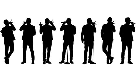 Black Solid Singer Mic Cigar Hold Silhouettes Set of Six on White Background isolated on plain white background.のイラスト素材