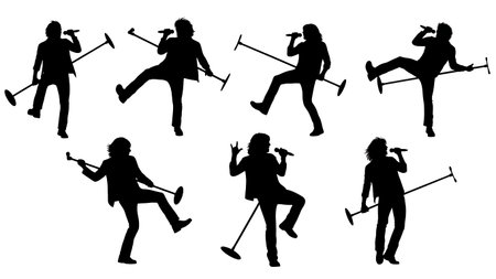 Black Solid Singer Horizontal Mic Stand Silhouettes Set of Six on White Background isolated on plain white background.のイラスト素材