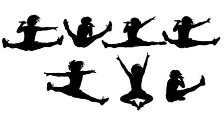 Black Solid Singer Split Jump Air Silhouettes Set of Six on White Background isolated on plain white background.のイラスト素材