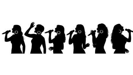 Black Solid Singer Hoop Earrings Profile Silhouettes Set of Six on White Background isolated on plain white background.のイラスト素材