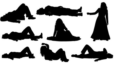 Black Solid Singer Lying Floor Drama Silhouettes Set of Six on White Background isolated on plain white background.のイラスト素材