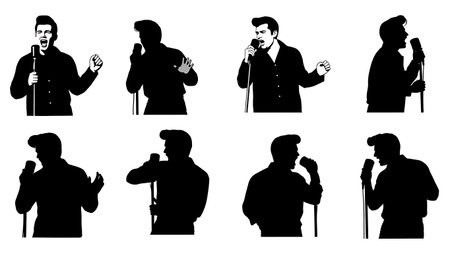 Black Solid Singer Pompadour Hair Silhouettes Set of Six on White Background isolated on plain white background.のイラスト素材