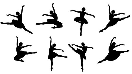 Black Solid Ballet Sissone Jump Silhouettes Set of Six on White Background isolated on plain white background.のイラスト素材