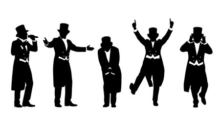 Black Solid Singer Top Hat Ringmaster Silhouettes Set of Six on White Background isolated on plain white background.のイラスト素材