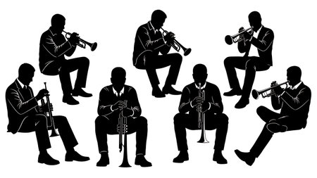 Black Solid Sitting Trumpet Player Silhouettes Set of Six on White Background isolated on plain white background.のイラスト素材