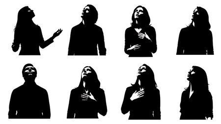 Black Solid Singer Looking Spotlight Silhouettes Set of Six on White Background isolated on plain white background.のイラスト素材