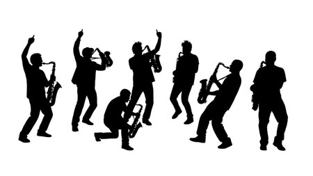 Black Solid Ska Saxophone Player Silhouettes Set of Six on White Background isolated on plain white background.のイラスト素材