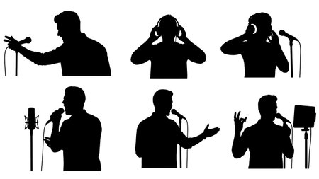 Black Solid Singer Soundcheck Tap Silhouettes Set of Six on White Background isolated on plain white background.のイラスト素材