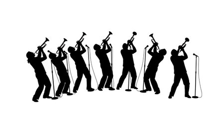 Black Solid Singer Playing Trumpet Silhouettes Set of Six on White Background isolated on plain white background.のイラスト素材